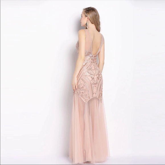 Beaded Sequin and Tulle Rose Gold Prom Dress - Picture 2 of 7